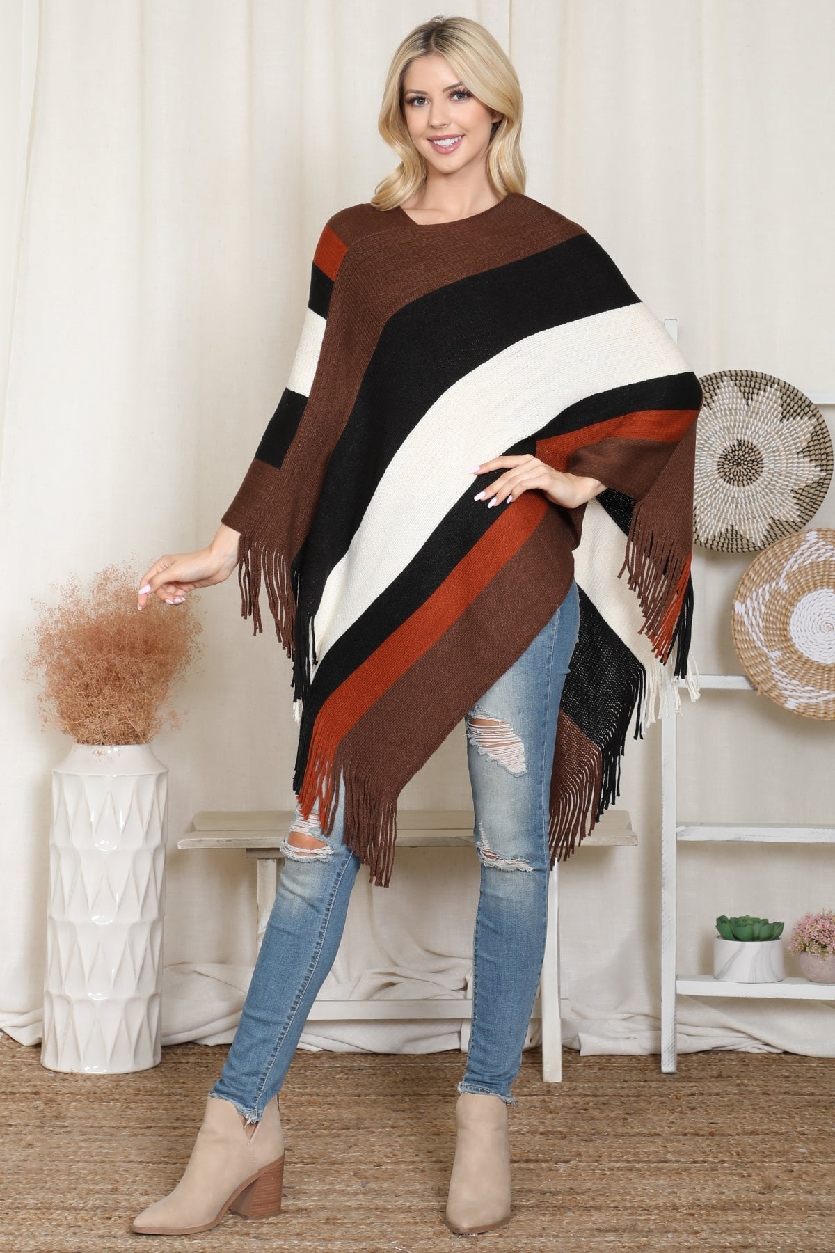 Poncho Color Block Fringe