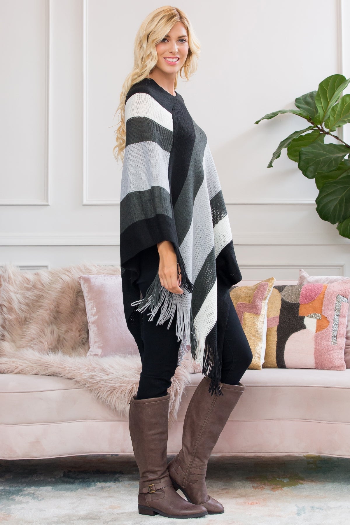 Poncho Color Block Fringe