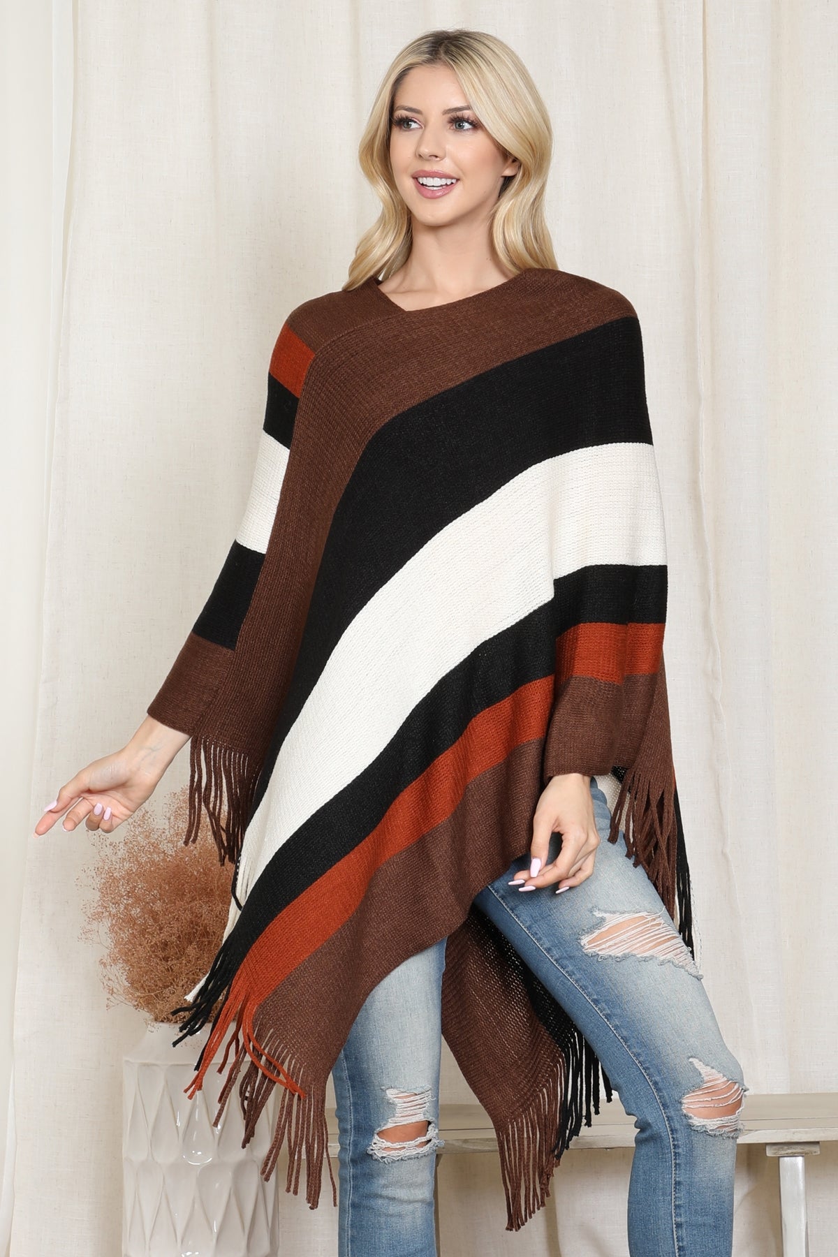 Poncho Color Block Fringe