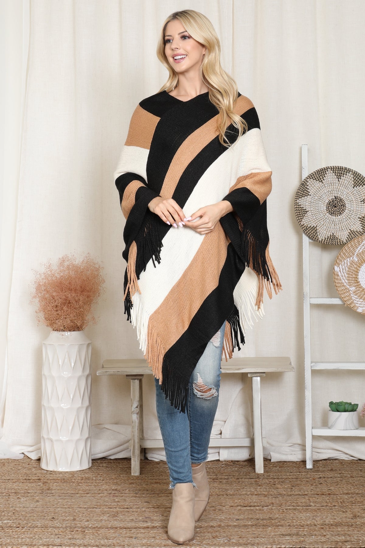 Poncho Color Block Fringe