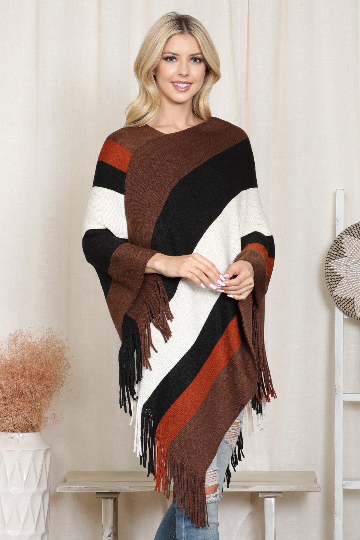 Poncho Color Block Fringe