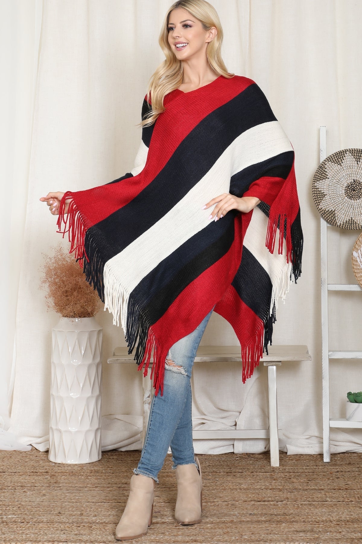 Poncho Color Block Fringe