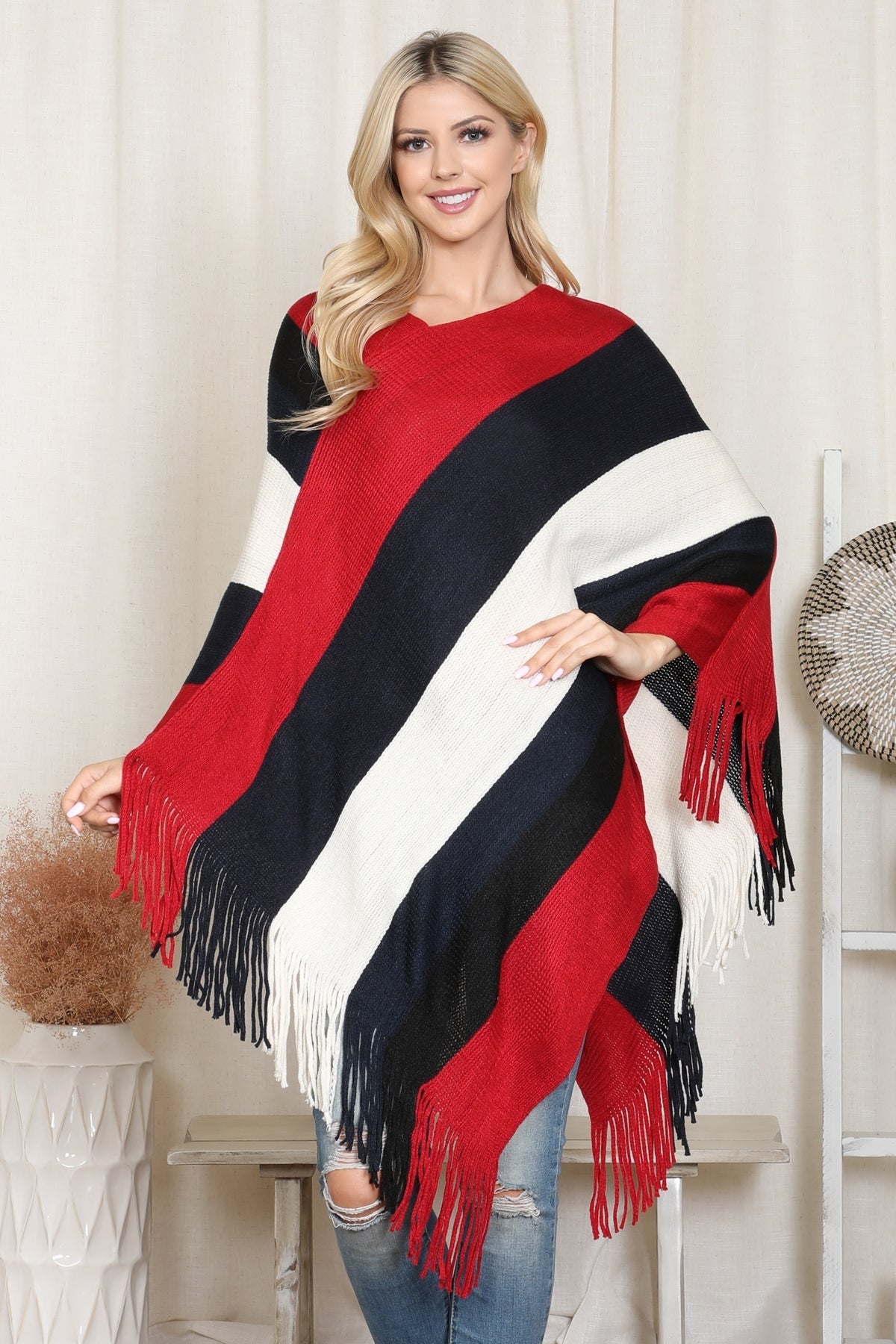 Poncho Color Block Fringe