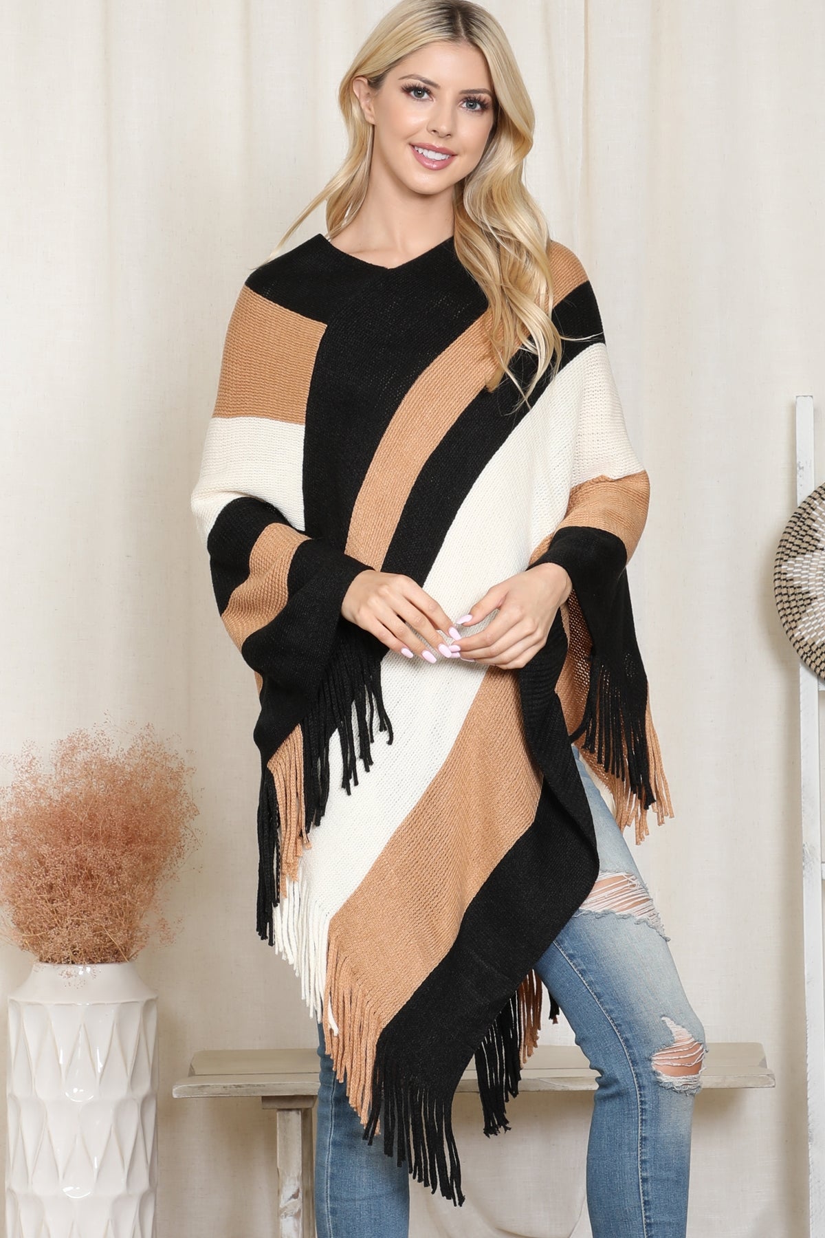 Poncho Color Block Fringe