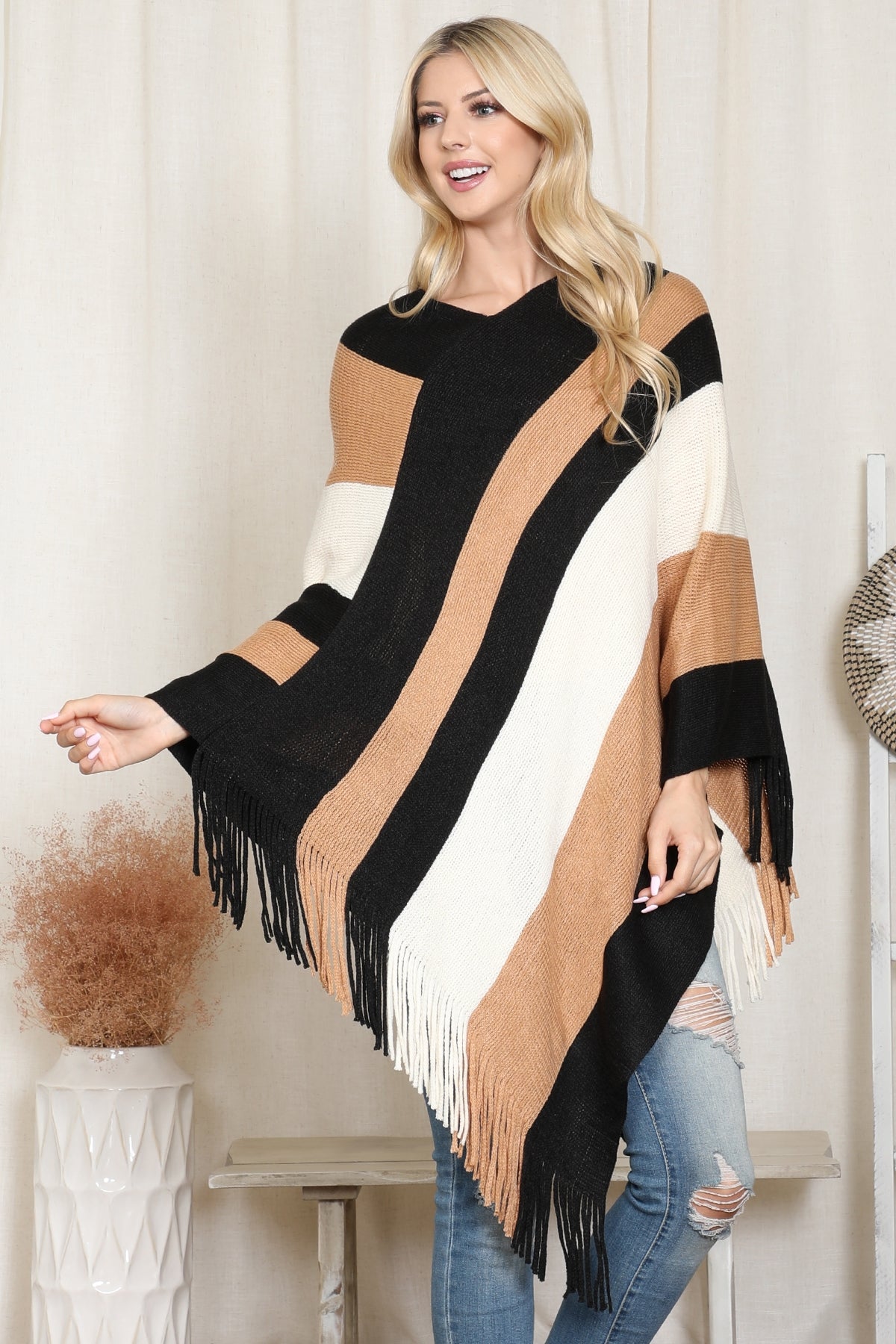 Poncho Color Block Fringe